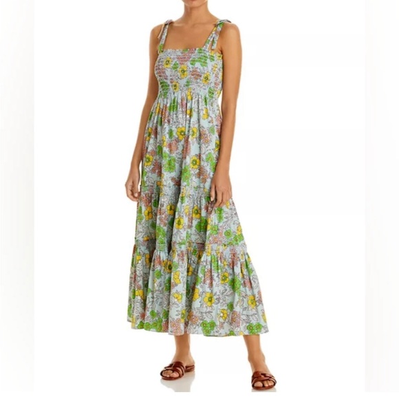 Tory Burch Tiered Shirred Floral-Print Cotton-Blend Poplin Maxi Dress Smocked - Picture 6 of 6
